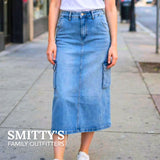 Ladies Jeans: Blue Sky, Midi Cargo Skirt - Steel Blue
