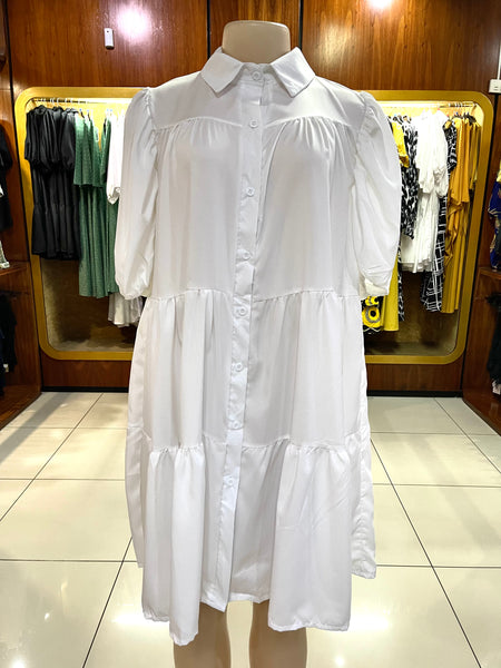 Ladies Collared Shirt Babydoll Style Dress - All White