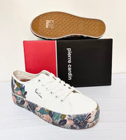 Ladies Platform Sneaker: Pierre Cardin - Jungle White with Floral Print Detailing